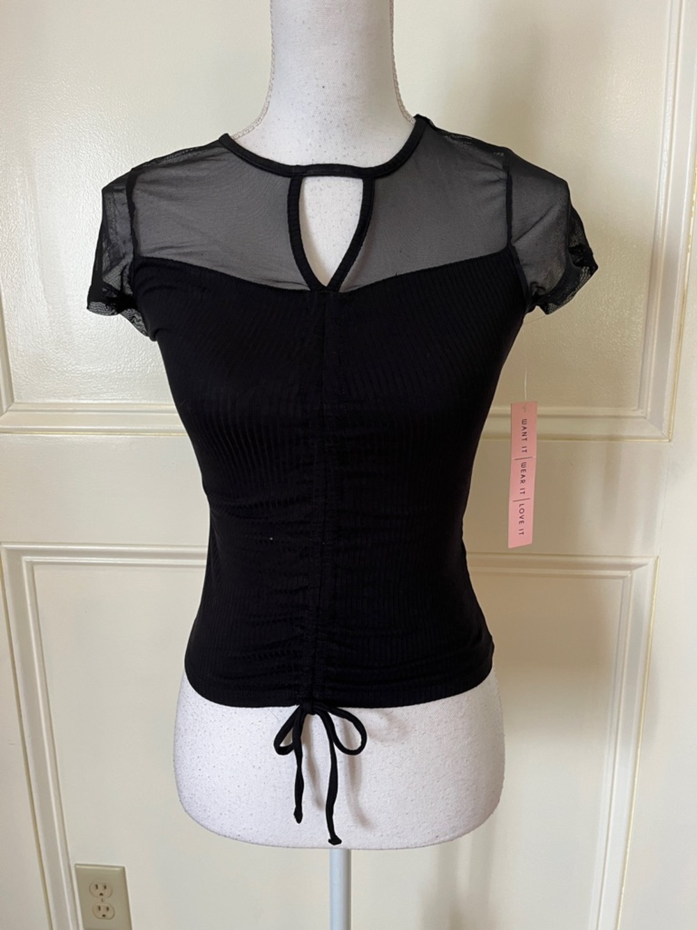 Crave Fame Black Sheer Yoke Short Sleeve Tie-Front Top